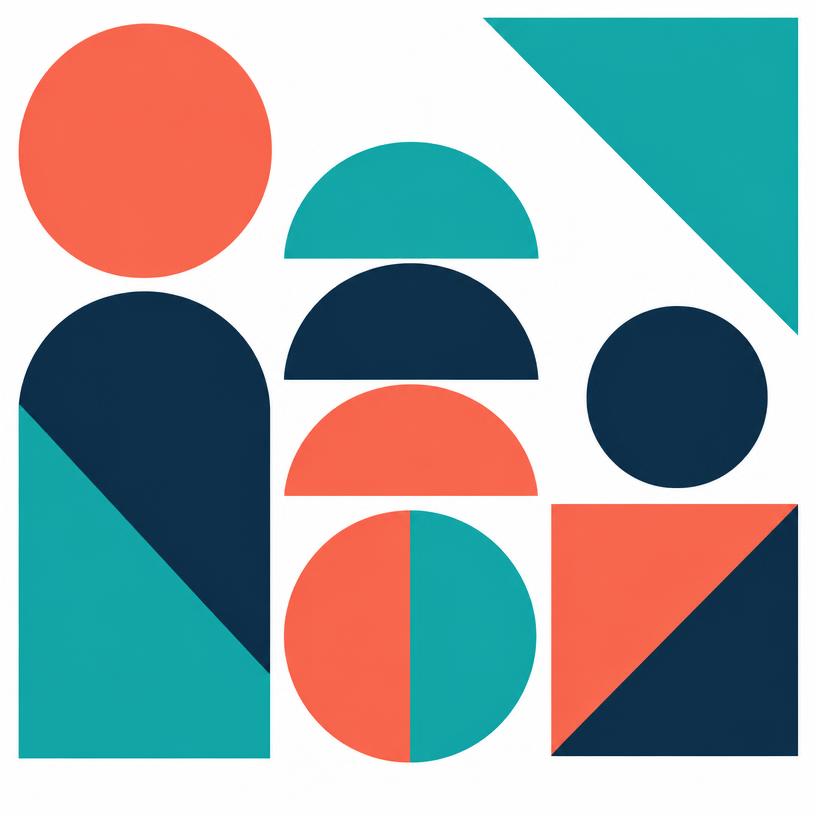 Colourful flat graphic made of teal, navy and coral shapes