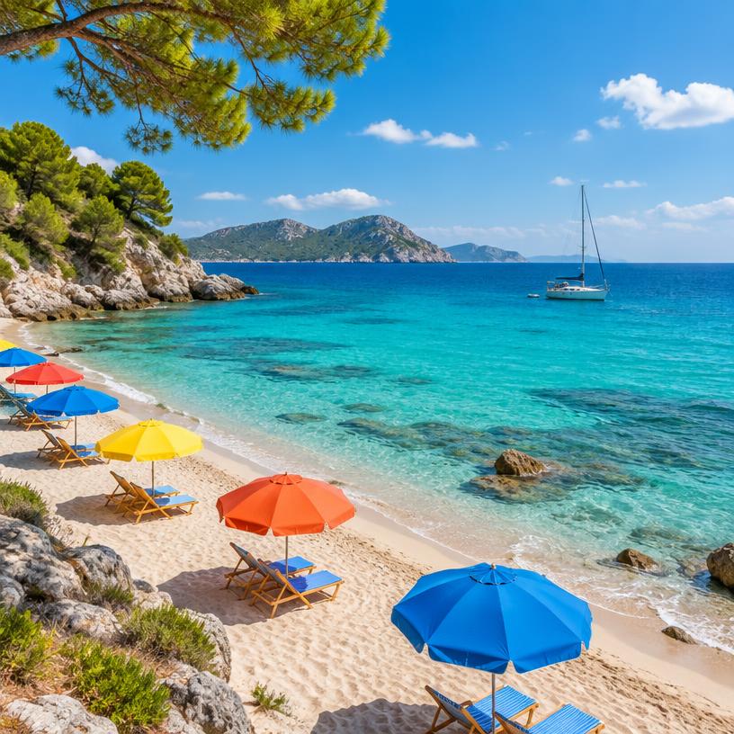 Bright photograph of a turquoise bay with colourful beach umbrellas